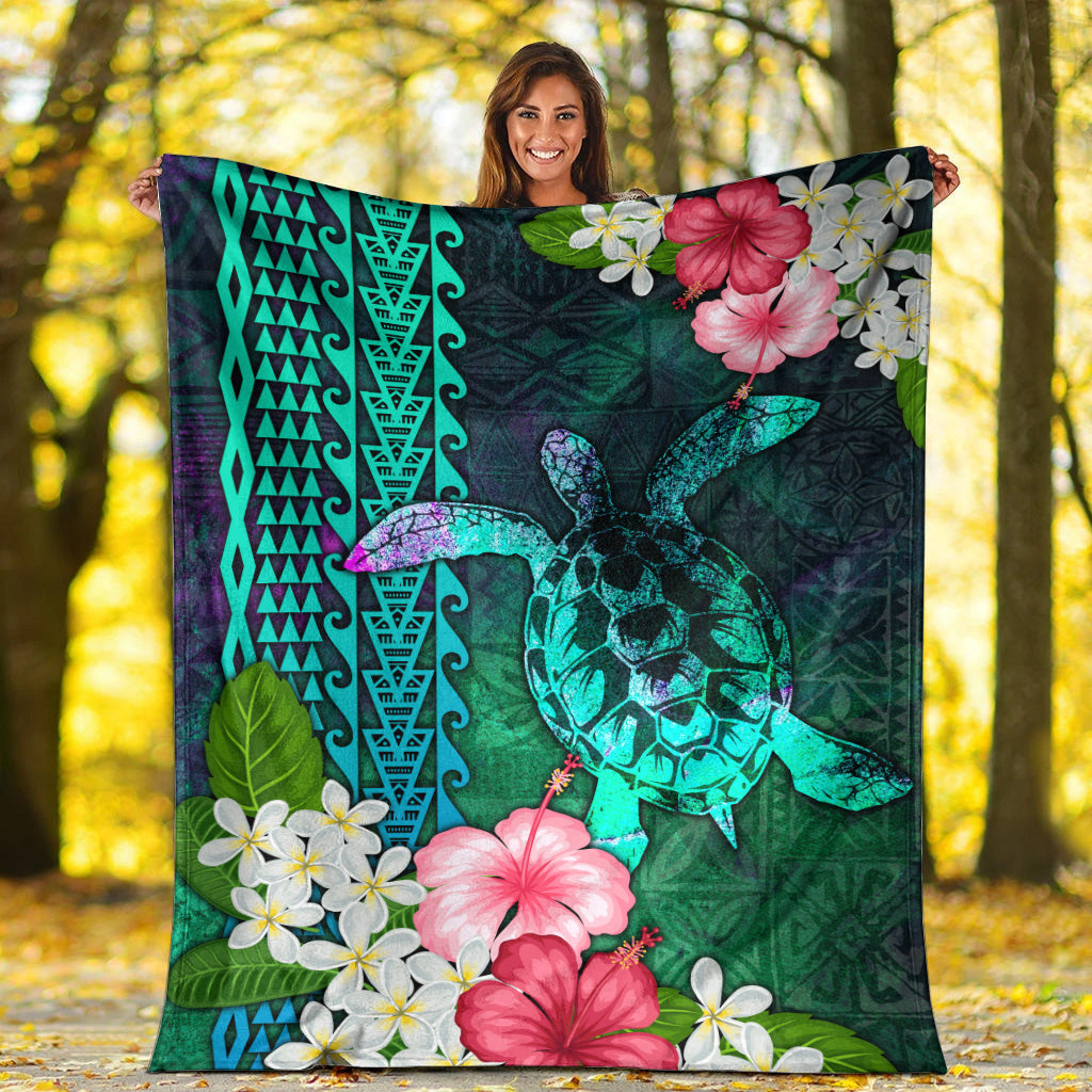 Hawaii Premium Blanket Sea Turtle Abstract Background With Tropical Flowers Hibiscus And Plumeria-Myprintsy
