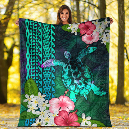 Hawaii Premium Blanket Sea Turtle Abstract Background With Tropical Flowers Hibiscus And Plumeria-Myprintsy
