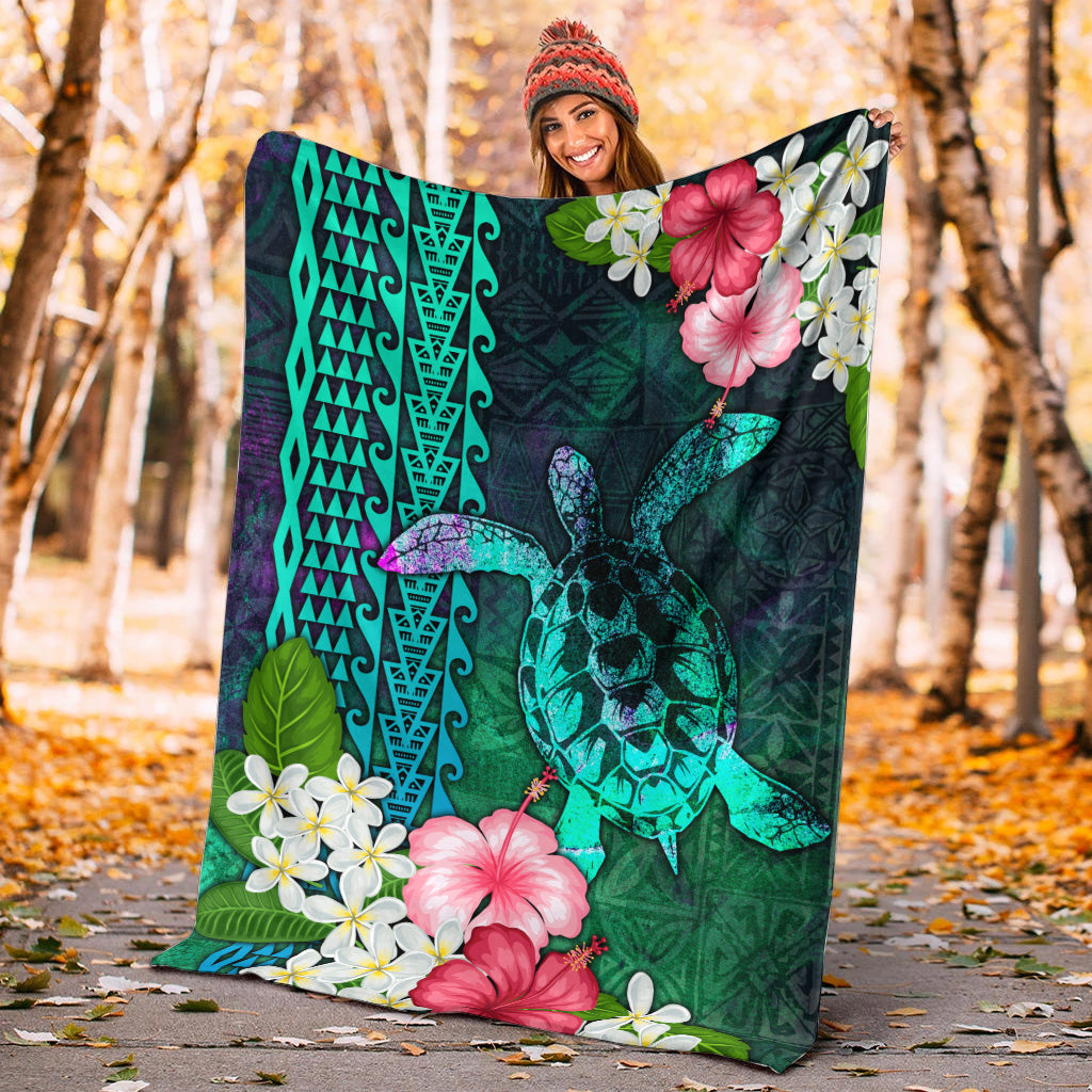 Hawaii Premium Blanket Sea Turtle Abstract Background With Tropical Flowers Hibiscus And Plumeria-Myprintsy