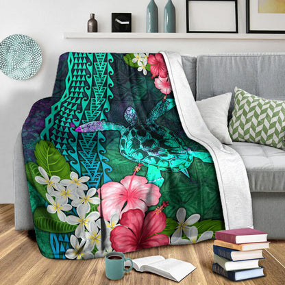 Hawaii Premium Blanket Sea Turtle Abstract Background With Tropical Flowers Hibiscus And Plumeria-Myprintsy