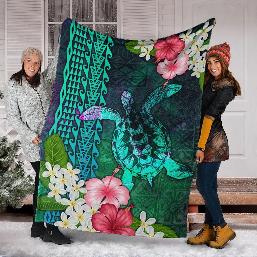 Hawaii Premium Blanket Sea Turtle Abstract Background With Tropical Flowers Hibiscus And Plumeria-Myprintsy