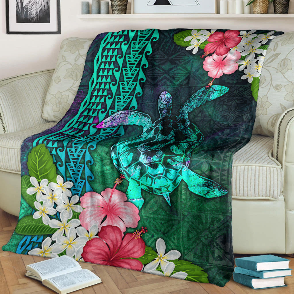 Hawaii Premium Blanket Sea Turtle Abstract Background With Tropical Flowers Hibiscus And Plumeria-Myprintsy