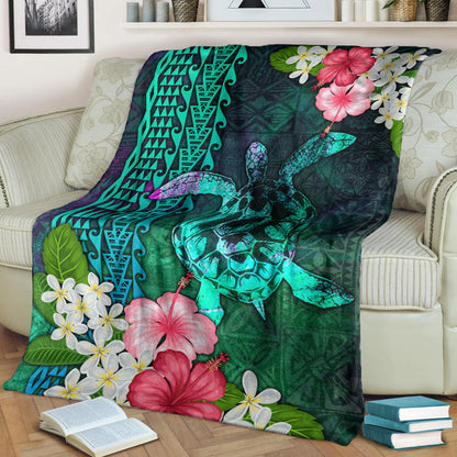 Hawaii Premium Blanket Sea Turtle Abstract Background With Tropical Flowers Hibiscus And Plumeria-Myprintsy