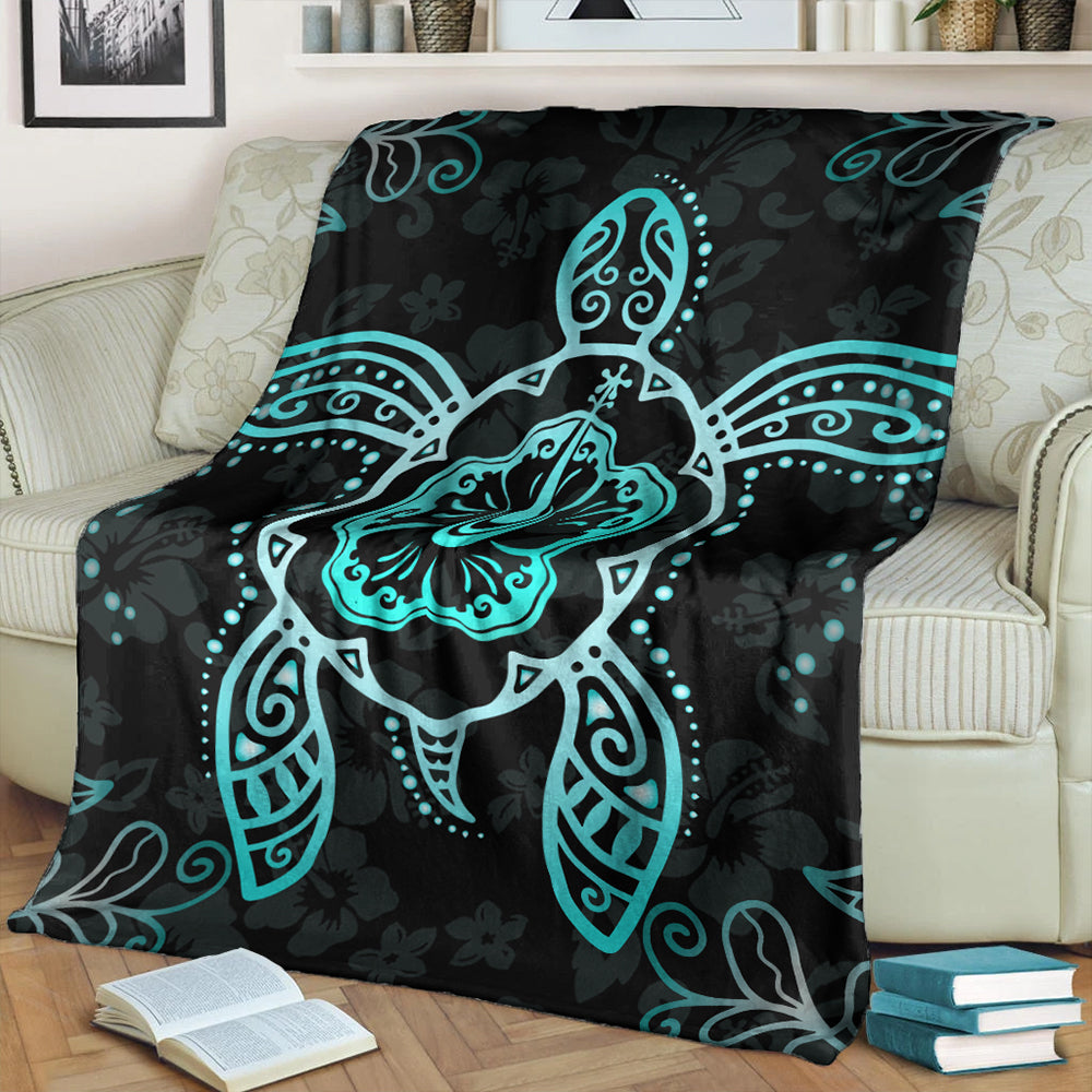 Hawaii Premium Blanket Turtle Hibiscus Blue-Myprintsy