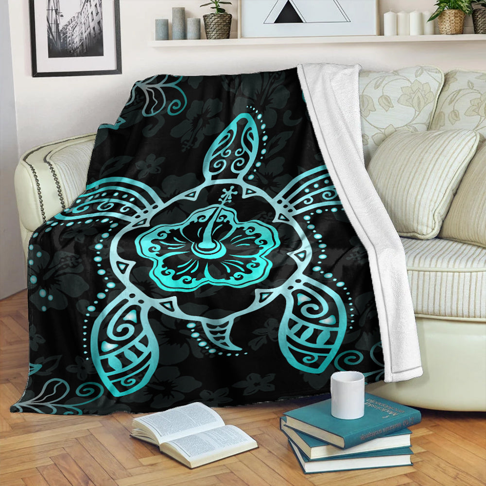 Hawaii Premium Blanket Turtle Hibiscus Blue-Myprintsy