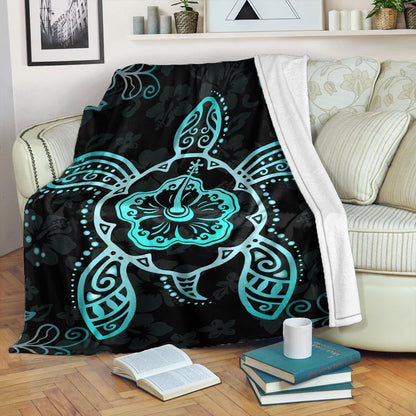 Hawaii Premium Blanket Turtle Hibiscus Blue-Myprintsy