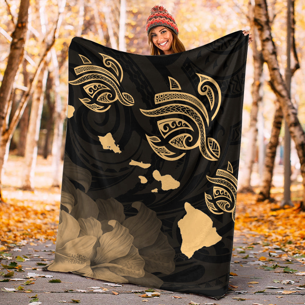 Hawaii Premium Blanket Turtle Hibiscus Map Polynesian Family Gold-Myprintsy