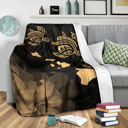 Hawaii Premium Blanket Turtle Hibiscus Map Polynesian Family Gold-Myprintsy