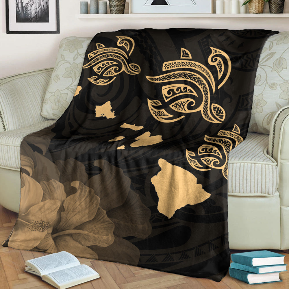 Hawaii Premium Blanket Turtle Hibiscus Map Polynesian Family Gold-Myprintsy