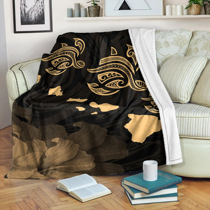 Hawaii Premium Blanket Turtle Hibiscus Map Polynesian Family Gold-Myprintsy