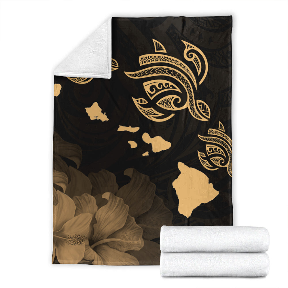 Hawaii Premium Blanket Turtle Hibiscus Map Polynesian Family Gold-Myprintsy