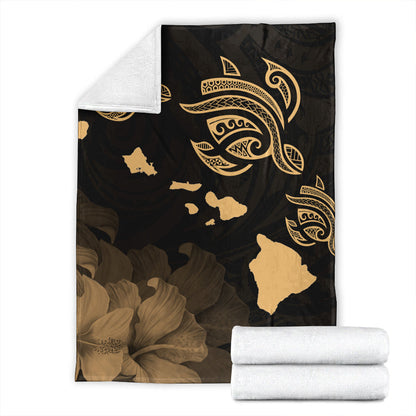 Hawaii Premium Blanket Turtle Hibiscus Map Polynesian Family Gold-Myprintsy