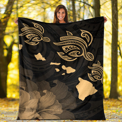 Hawaii Premium Blanket Turtle Hibiscus Map Polynesian Family Gold-Myprintsy