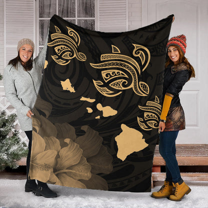 Hawaii Premium Blanket Turtle Hibiscus Map Polynesian Family Gold-Myprintsy