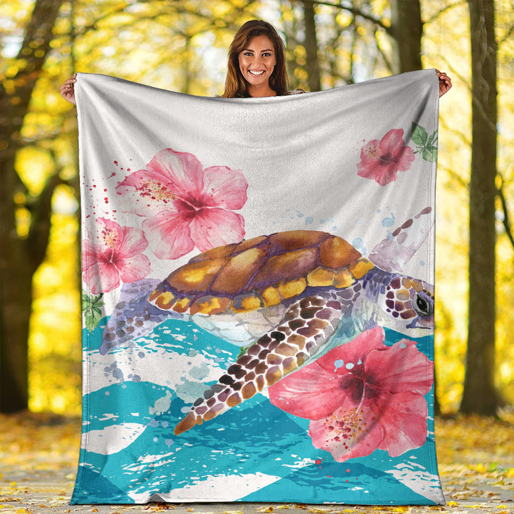 Hawaii Premium Blanket Turtle Hibiscus Waves Polynesian-Myprintsy