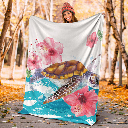 Hawaii Premium Blanket Turtle Hibiscus Waves Polynesian-Myprintsy
