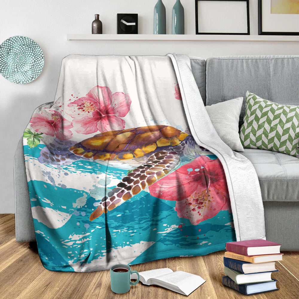 Hawaii Premium Blanket Turtle Hibiscus Waves Polynesian-Myprintsy