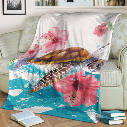 Hawaii Premium Blanket Turtle Hibiscus Waves Polynesian-Myprintsy