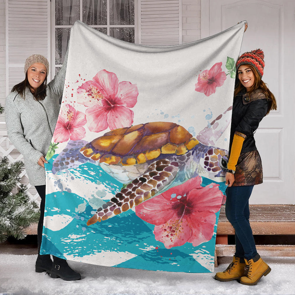 Hawaii Premium Blanket Turtle Hibiscus Waves Polynesian-Myprintsy