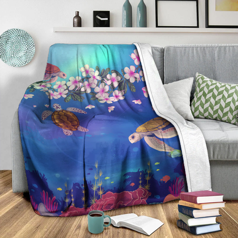 Hawaii Premium Blanket Turtle Plumeria Ocean-Myprintsy