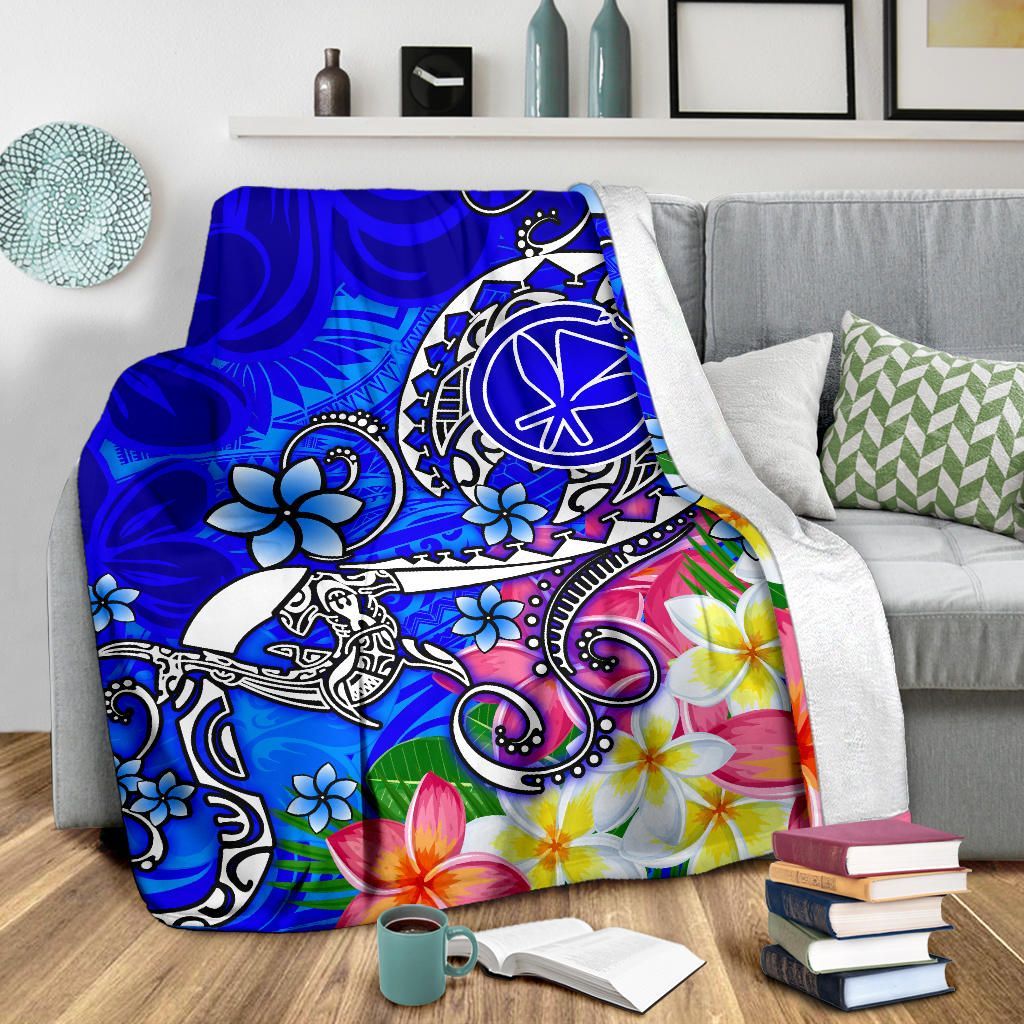 Hawaii Premium Blanket - Turtle Plumeria Polynesian Tattoo Blue Color-Myprintsy