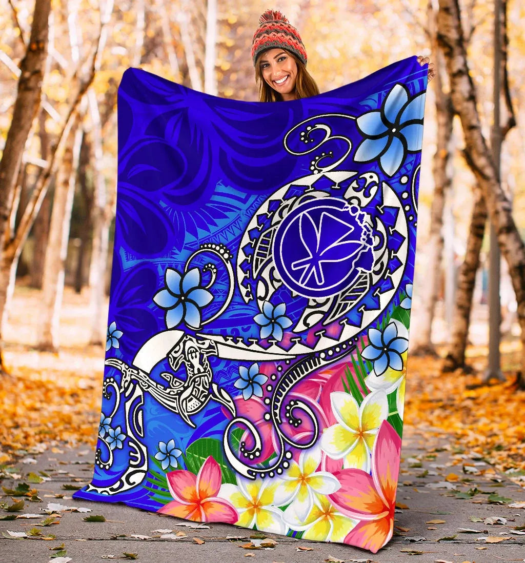 Hawaii Premium Blanket - Turtle Plumeria Polynesian Tattoo Blue Color-Myprintsy