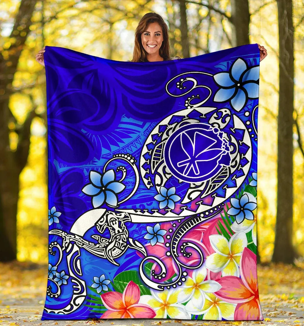 Hawaii Premium Blanket - Turtle Plumeria Polynesian Tattoo Blue Color-Myprintsy