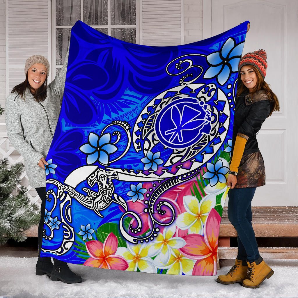 Hawaii Premium Blanket - Turtle Plumeria Polynesian Tattoo Blue Color-Myprintsy