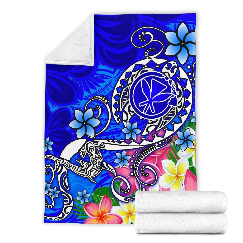 Hawaii Premium Blanket - Turtle Plumeria Polynesian Tattoo Blue Color-Myprintsy