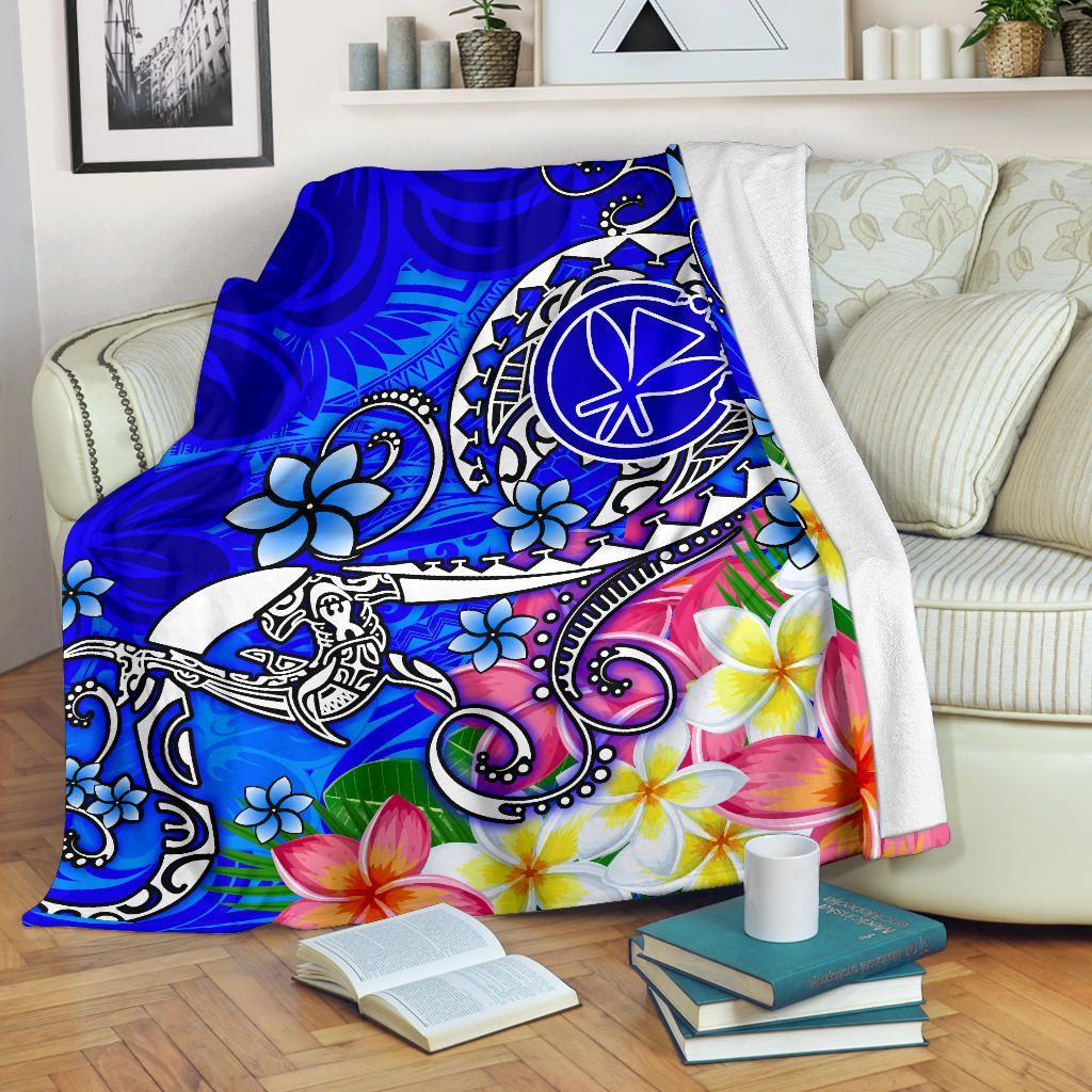 Hawaii Premium Blanket - Turtle Plumeria Polynesian Tattoo Blue Color-Myprintsy