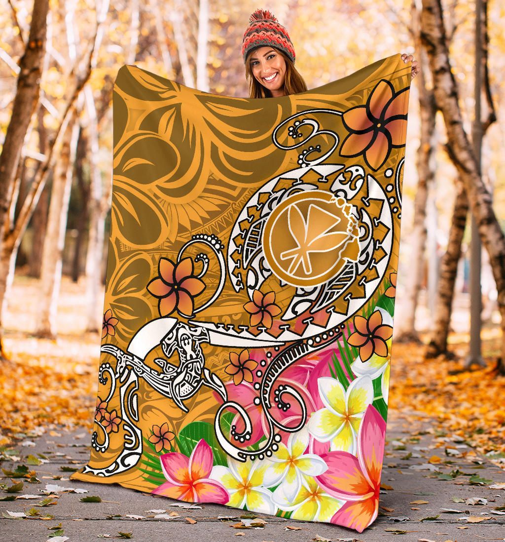 Hawaii Premium Blanket - Turtle Plumeria Polynesian Tattoo Gold Color-Myprintsy