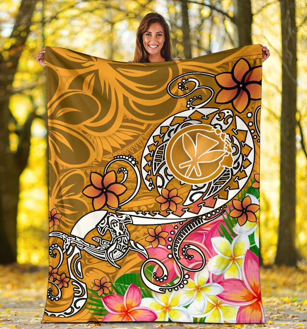 Hawaii Premium Blanket - Turtle Plumeria Polynesian Tattoo Gold Color-Myprintsy
