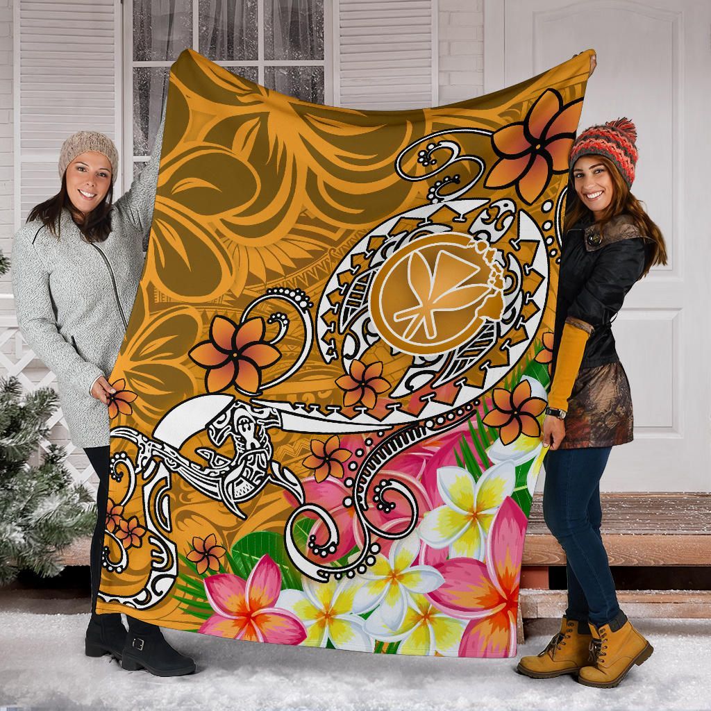 Hawaii Premium Blanket - Turtle Plumeria Polynesian Tattoo Gold Color-Myprintsy