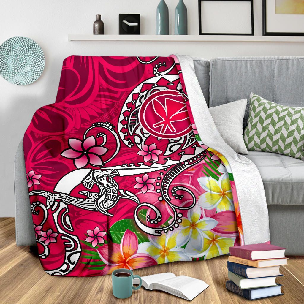 Hawaii Premium Blanket - Turtle Plumeria Polynesian Tattoo Pink Color-Myprintsy