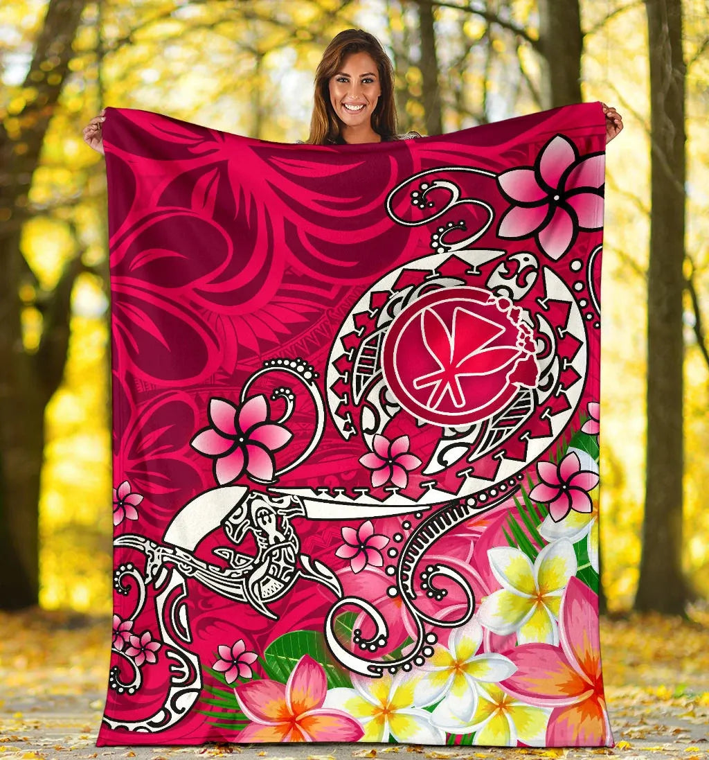 Hawaii Premium Blanket - Turtle Plumeria Polynesian Tattoo Pink Color-Myprintsy