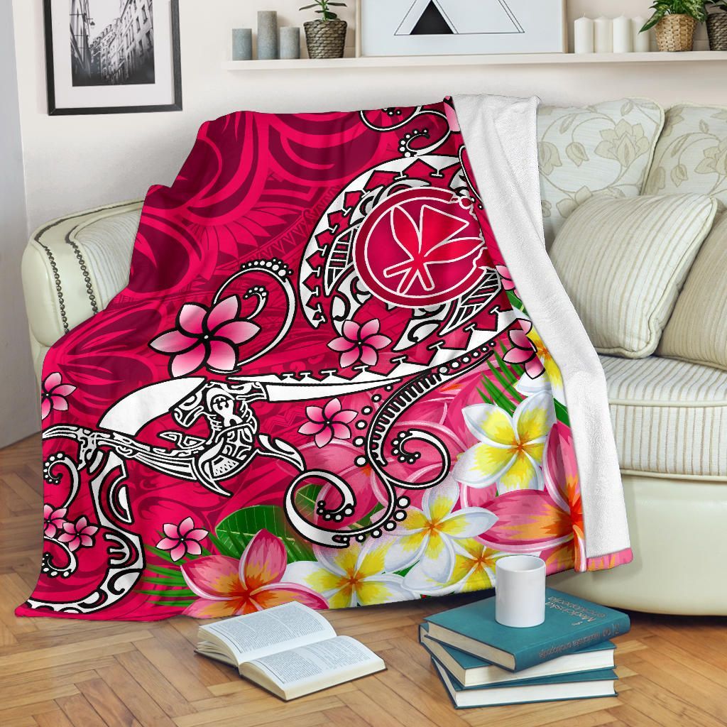 Hawaii Premium Blanket - Turtle Plumeria Polynesian Tattoo Pink Color-Myprintsy