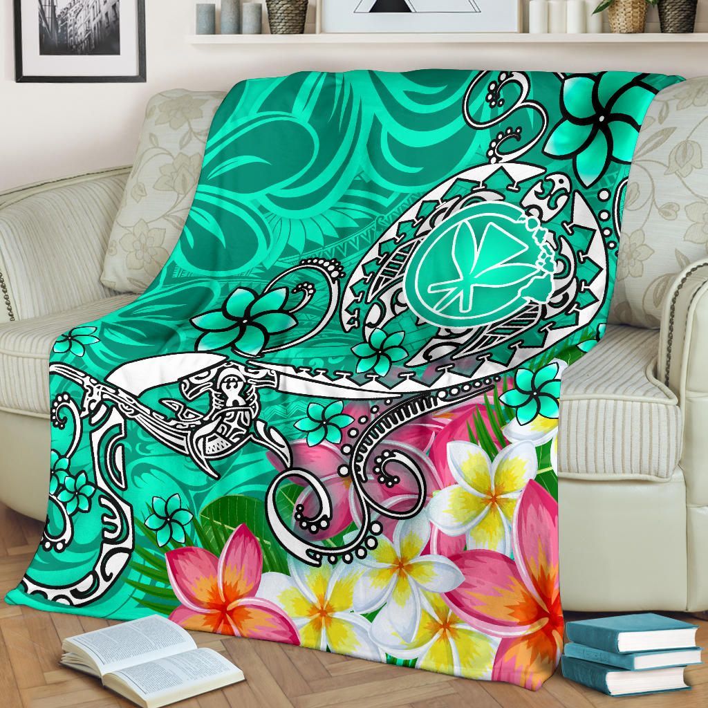 Hawaii Premium Blanket- Turtle Plumeria Polynesian Tattoo Turquoise Color-Myprintsy
