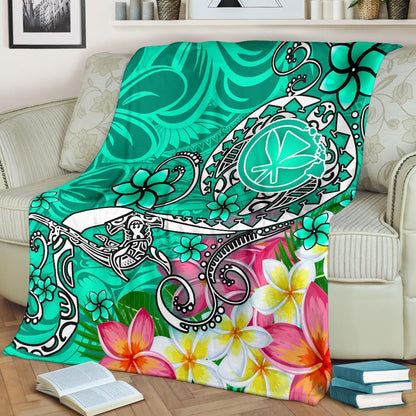 Hawaii Premium Blanket- Turtle Plumeria Polynesian Tattoo Turquoise Color-Myprintsy