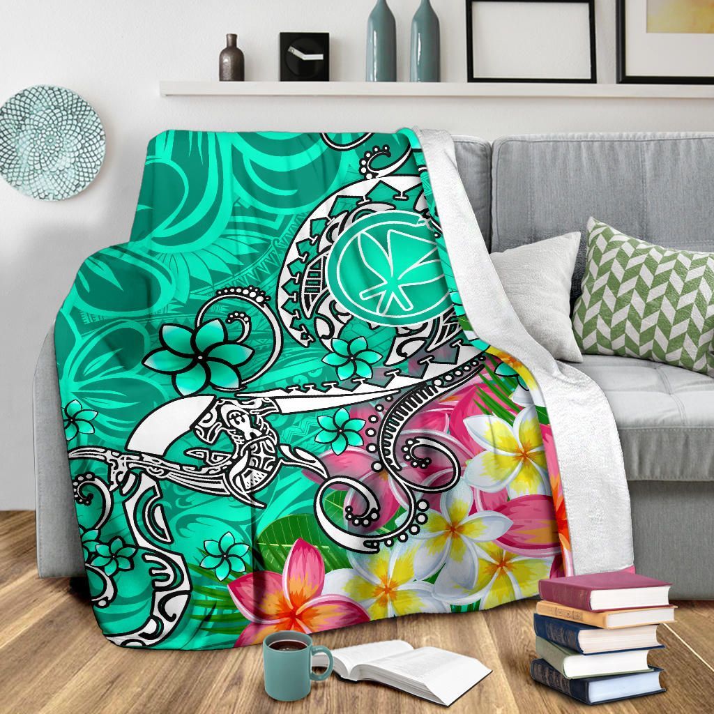 Hawaii Premium Blanket- Turtle Plumeria Polynesian Tattoo Turquoise Color-Myprintsy