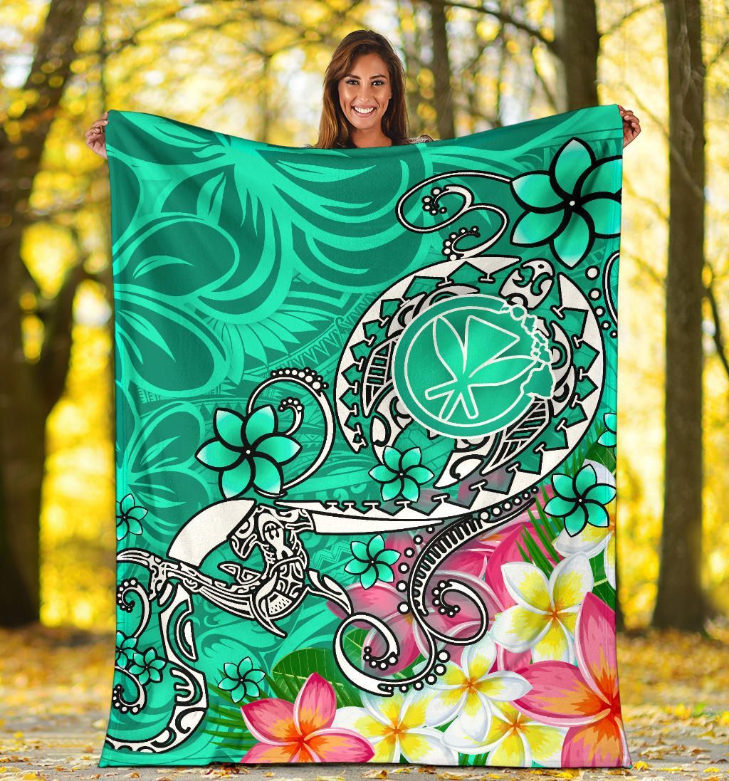 Hawaii Premium Blanket- Turtle Plumeria Polynesian Tattoo Turquoise Color-Myprintsy