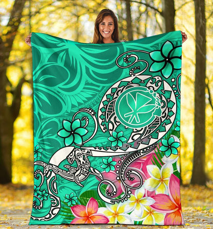 Hawaii Premium Blanket- Turtle Plumeria Polynesian Tattoo Turquoise Color-Myprintsy