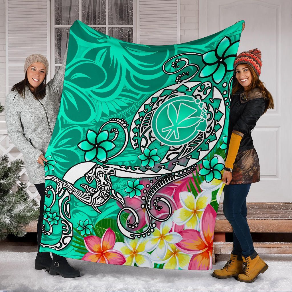 Hawaii Premium Blanket- Turtle Plumeria Polynesian Tattoo Turquoise Color-Myprintsy