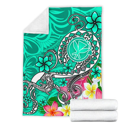 Hawaii Premium Blanket- Turtle Plumeria Polynesian Tattoo Turquoise Color-Myprintsy