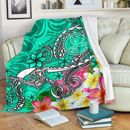 Hawaii Premium Blanket- Turtle Plumeria Polynesian Tattoo Turquoise Color-Myprintsy