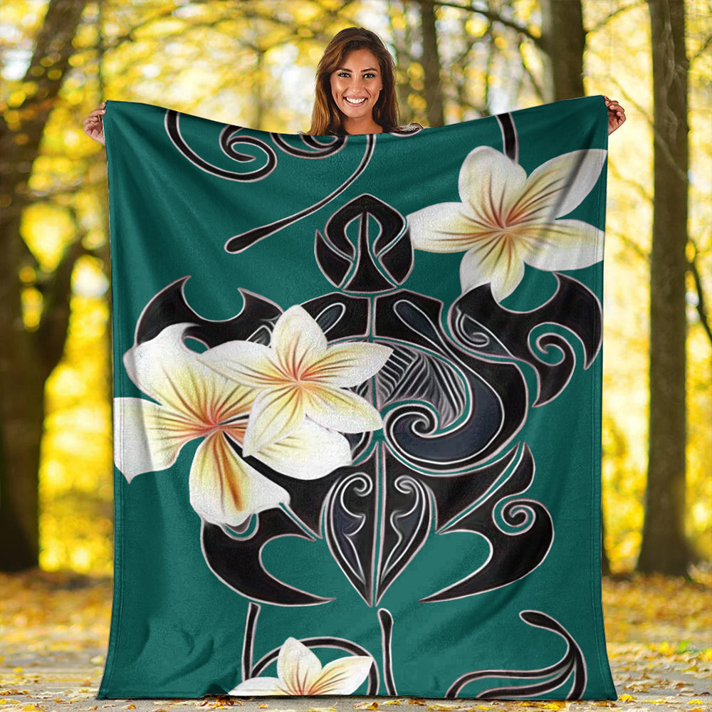 Hawaii Premium Blanket Turtle Poly Trinal Plumeria Turquoise-Myprintsy