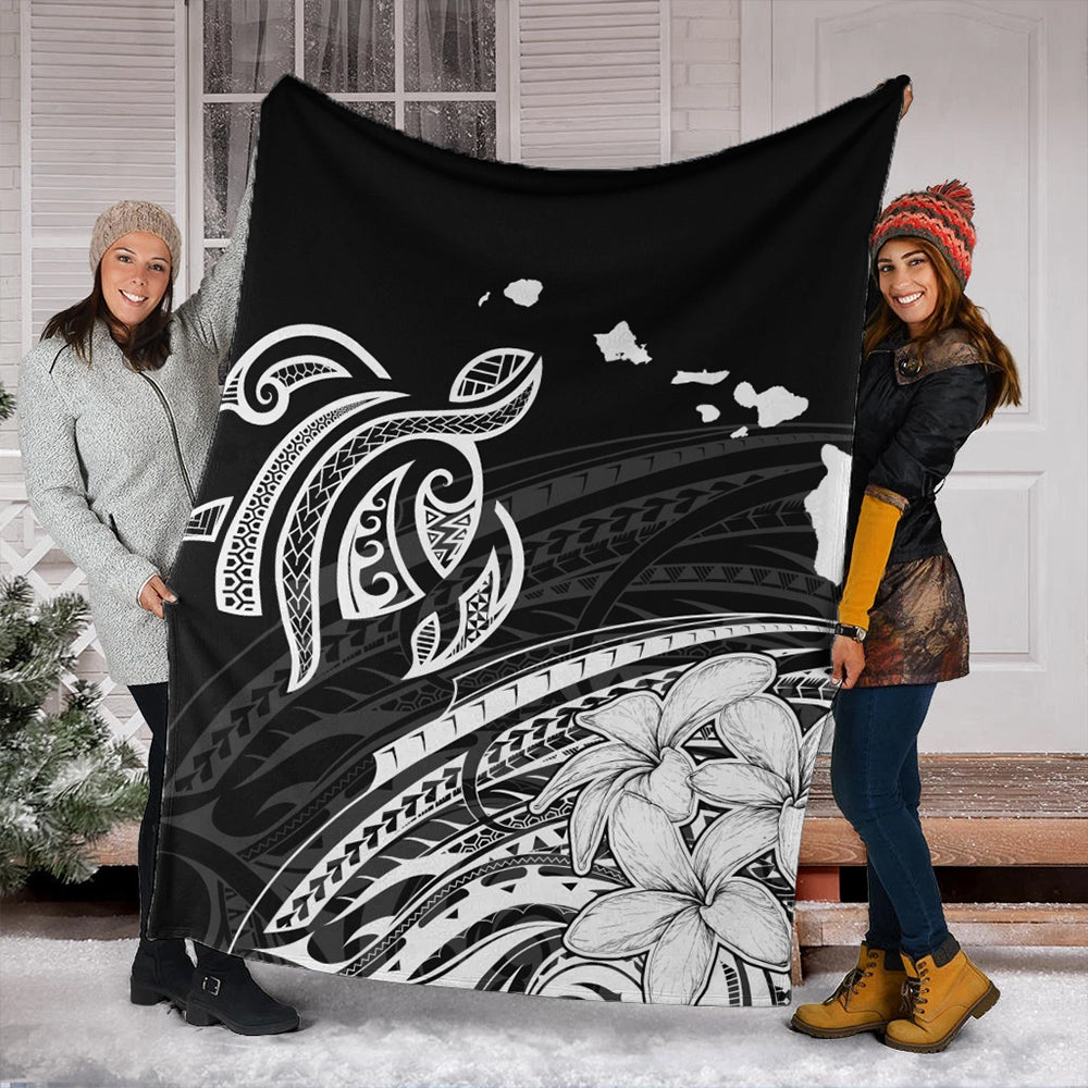 Hawaii Premium Blanket Turtle Polynesian Map Plumeria White-Myprintsy