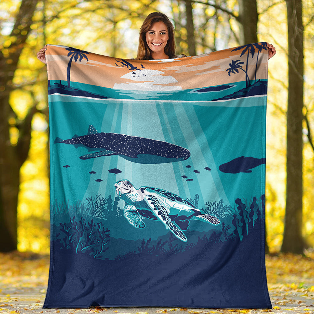 Hawaii Premium Blanket Whale And Turtle In Sunset Polynesian-Myprintsy