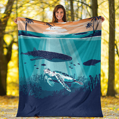 Hawaii Premium Blanket Whale And Turtle In Sunset Polynesian-Myprintsy