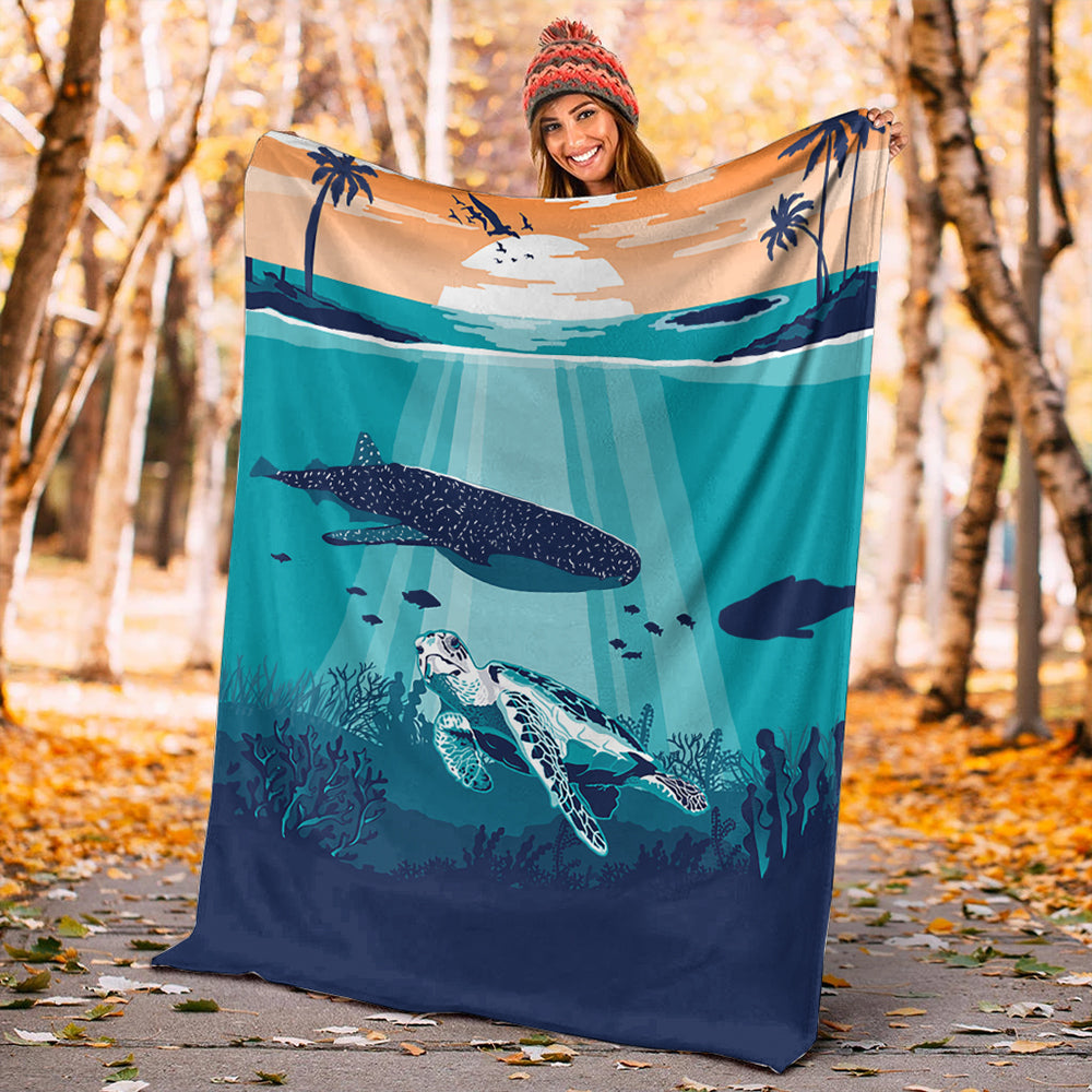 Hawaii Premium Blanket Whale And Turtle In Sunset Polynesian-Myprintsy