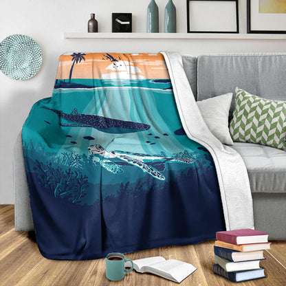 Hawaii Premium Blanket Whale And Turtle In Sunset Polynesian-Myprintsy